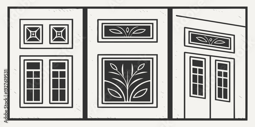 Three distinct architectural windows showcasing unique designs and patterns Vector