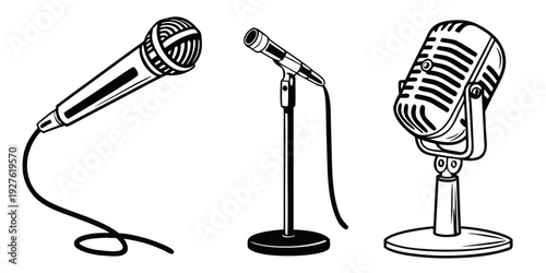 Three vintage microphones on stands in a row, ready for use in a recording studio. Vector