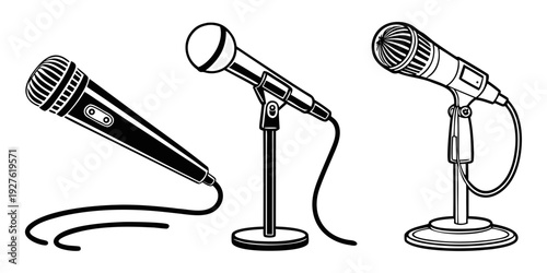 Three different types of microphones on a white background Vector