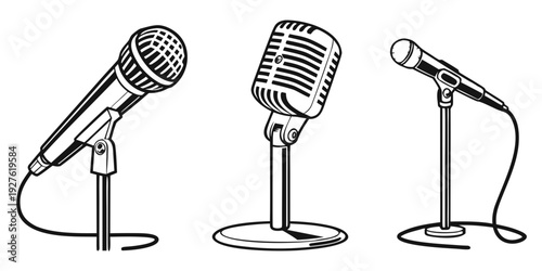 Three different types of microphones on stands in a row. Vector