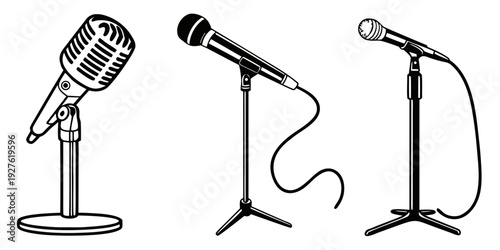 Three vintage microphones on stands in a row, ready for use. Vector