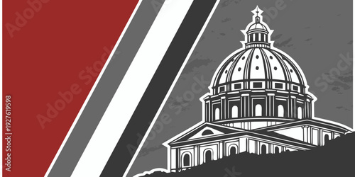 The iconic capitol building stands tall against a backdrop of red, white, and black stripes. Vector