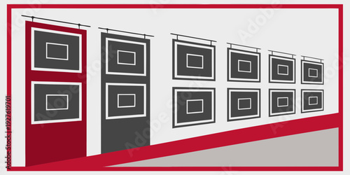 A row of red and black vending machines lined up against a white background Vector