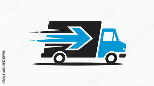 A blue and black truck with a large arrow speeding to the right on a white background