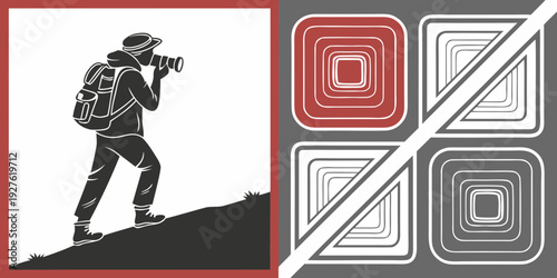 A hiker climbs a steep mountain trail with a backpack, surrounded by nature. Vector