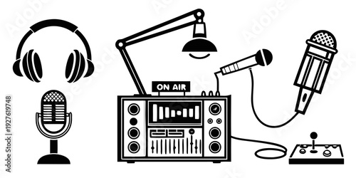 A vintage radio setup with headphones and microphone for broadcasting. Vector