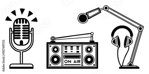 Vintage recording equipment including a microphone, radio, and headphones Vector