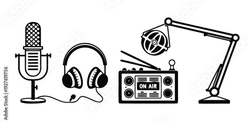 A collection of radio broadcasting equipment including microphones, headphones, and a radio receiver. Vector