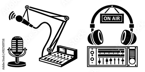 A variety of equipment used for podcasting and radio broadcasting Vector