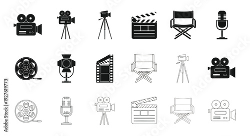 Film industry equipment icons cameras lights chairs and microphones