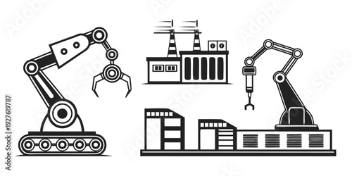 Robotic arms and conveyor belts in a modern manufacturing facility. Vector