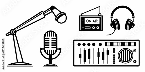 Various audio recording and editing equipment on a table Vector