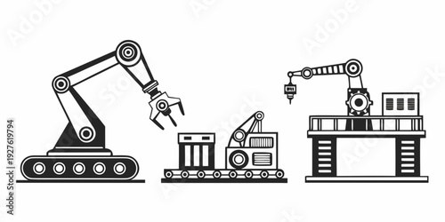 Industrial robots and machinery working together in a modern factory setting Vector