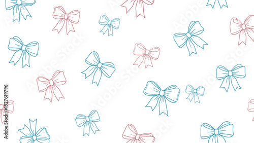 Delicate hand-drawn outlines of ribbons and bows in pink and blue shades form a light and airy seamless pattern on a white background.