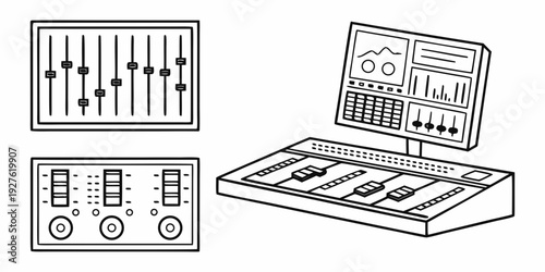 A variety of musical instruments including a computer keyboard, a midi controller, and a synthesizer. Vector