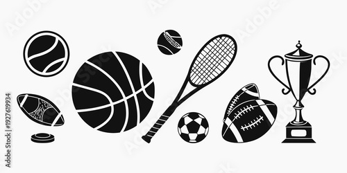 A collection of various sports equipment and trophies Vector