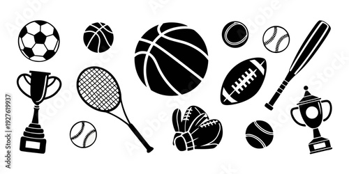 A variety of sports equipment including balls, rackets, and medals. Vector
