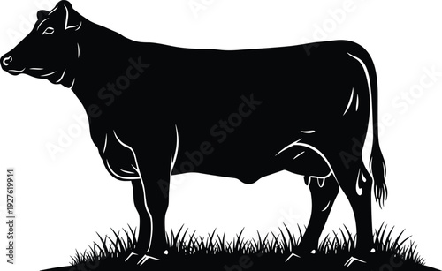 Black cow silhouette standing in grass, domestic farm animal profile for organic dairy branding and beef cattle agriculture, flat vector.