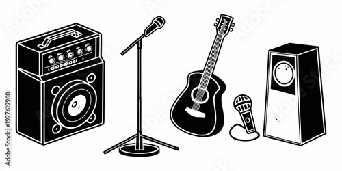 A variety of musical instruments and audio equipment arranged together Vector