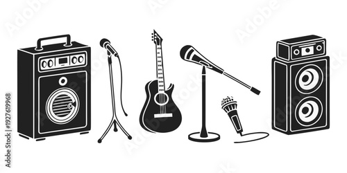 Vintage microphones and speakers set up for a live performance Vector