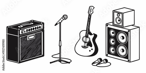 A collection of musical instruments and equipment set up on a stage. Vector