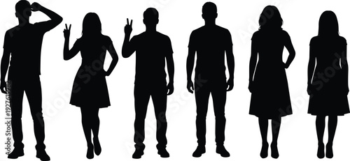 Young men and women silhouettes standing in casual poses isolated on white background, male and female vector illustration set
