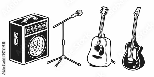 A variety of musical instruments and equipment arranged on a stage Vector