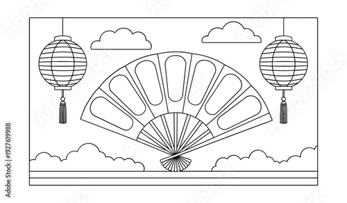 Black and white of fan and lanterns with clouds