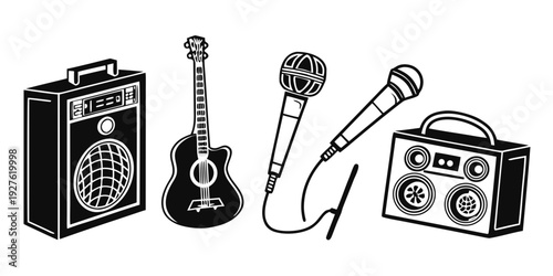 Vintage audio equipment including a guitar, radio, and microphones Vector