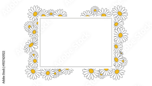 Wide rectangular frame is lushly decorated with a border of white daisy flowers featuring bright yellow centers on a solid white background.