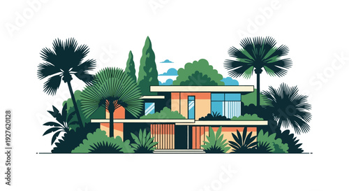 Modern house illustration surrounded by lush tropical palm trees and greenery