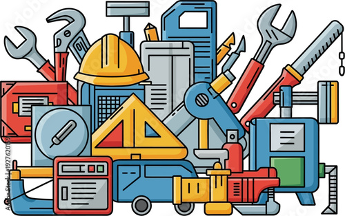 A vibrant illustration showcasing a diverse collection of industrial tools and mechanical equipment, including wrenches, a hard hat, and measuring instruments, arranged in a dense composition.
