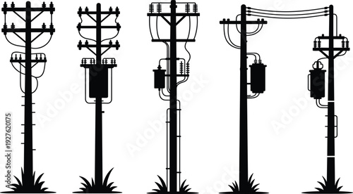 Electric utility poles silhouettes set with transformers, power lines, distribution systems, electricity infrastructure concept isolated on white background for energy transmission design