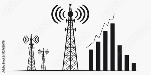 The growth of wireless communication towers and data usage over time Vector