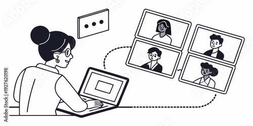 A woman participating in a video conference with multiple attendees on her laptop Vector