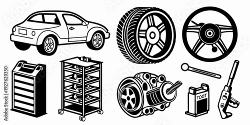 A variety of car parts and tools displayed in a neat arrangement. Vector