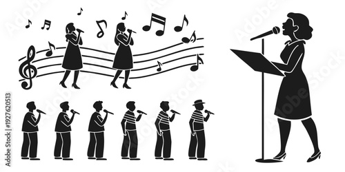 A conductor leads a diverse group of musicians in a harmonious performance. Vector