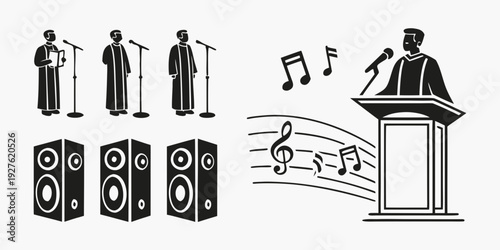 A choir performing in front of a speaker with musical notes floating around Vector