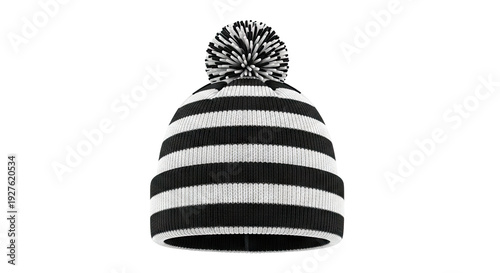 Black and White Striped Beanie with Pom-Pom