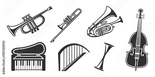 A diverse collection of musical instruments including brass, woodwind, and percussion. Vector
