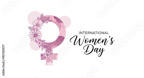International Women's Day logo with pink and purple flowers on a white background, symbolizing feminism and gender equality.