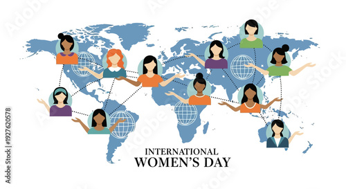 Illustration of diverse women connected globally on a world map for International Women's Day, celebrating equality and empowerment with a vibrant color scheme.