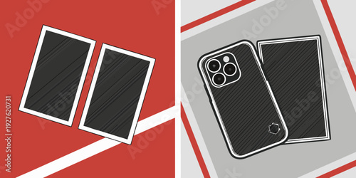 A close-up view of a black and white photograph of a camera on a red background Vector