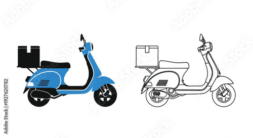 Two scooter illustrations one colored one outline both side views