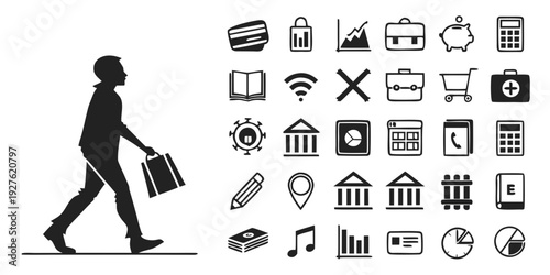 A woman walking with icons representing various aspects of modern life and technology. Vector