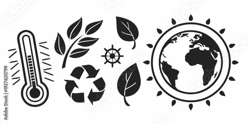 Illustration of environmental icons representing climate change and sustainability. Vector