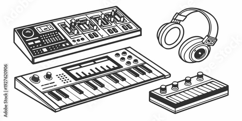 A vintage audio setup with a turntable, amplifier, speakers, and headphones. Vector