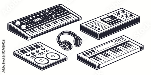 A diverse collection of vintage electronic devices on display Vector