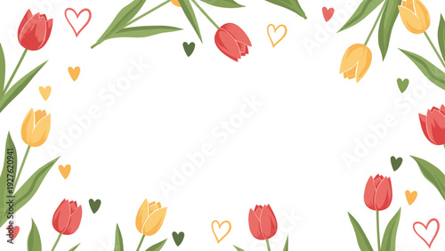 Elegant floral frame featuring red and yellow tulips and small colored hearts on a white background with center copy space.