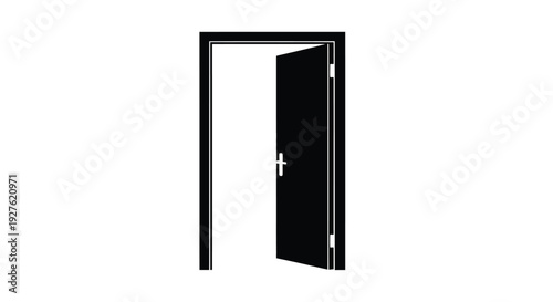 An open doorway depicted in a stark black and white graphic style